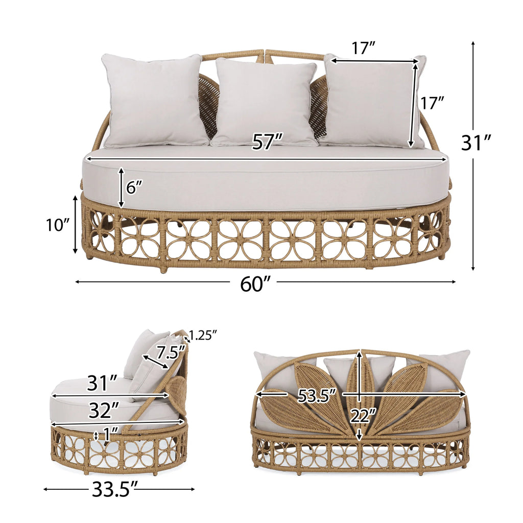 Canapé de jardin Homan en osier avec coussins, marron clair et beige