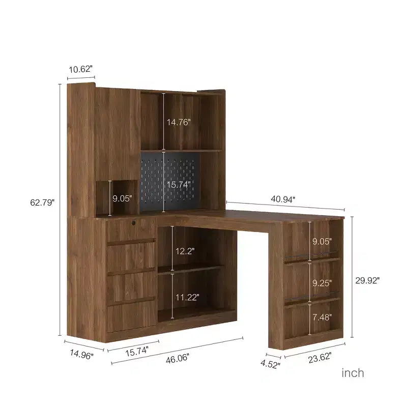 Bureau d'angle en L de 46 pouces avec bibliothèque et tiroirs