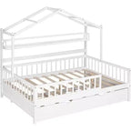 Acekool Lit cabane grandeur nature avec lit gigogne double, tiroirs de rangement et étagères, toit et clôture, lit plateforme pour enfants, blanc