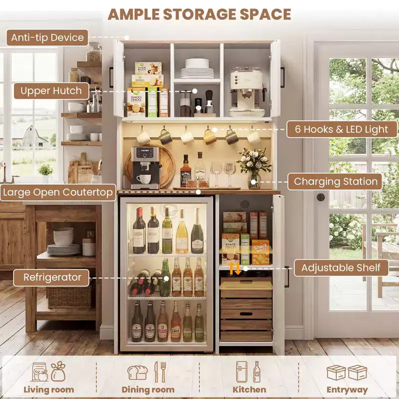 Meuble de cuisine Besiost avec espace mini-réfrigérateur, meuble de bar à café avec étagère de rangement