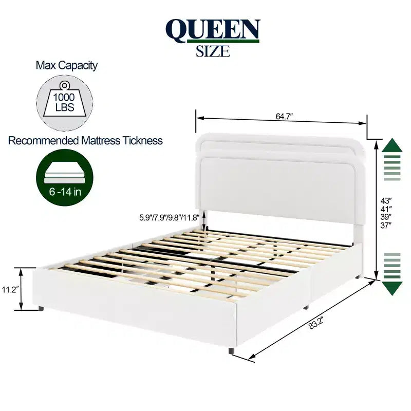 Lit Queen Size Moderne Rembourré en Boucle avec Tiroirs de Rangement