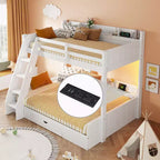 Lit superposé double sur toute la longueur avec rangement, lumières LED et station de charge, lit superposé en bois avec étagères latérales pour enfants et adolescents