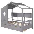 Lit cabane en bois double/complet avec 2 tiroirs, lit pour enfants avec étagère de rangement - ModernLuxe