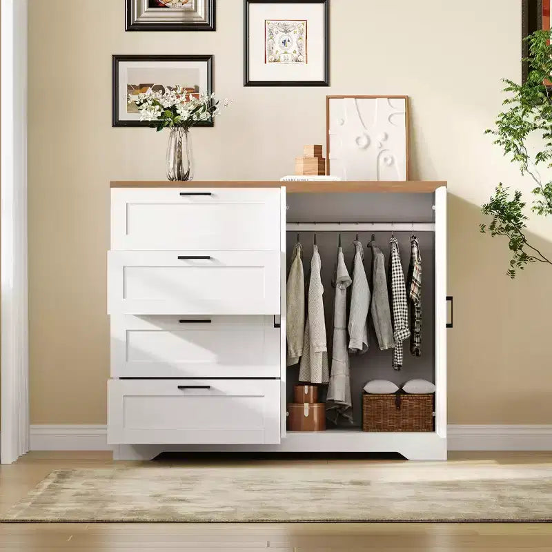 Armoire de chambre en bois de 110 cm (43,3 po) avec 4 tiroirs et tringle à vêtements, commode de rangement multifonctionnelle pour vêtements