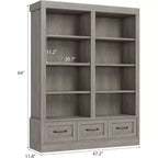 Bibliothèque et étagères de 64 H, étagère avec 3 tiroirs de rangement, étagère ouverte à 4 niveaux double largeur pour bureau salon