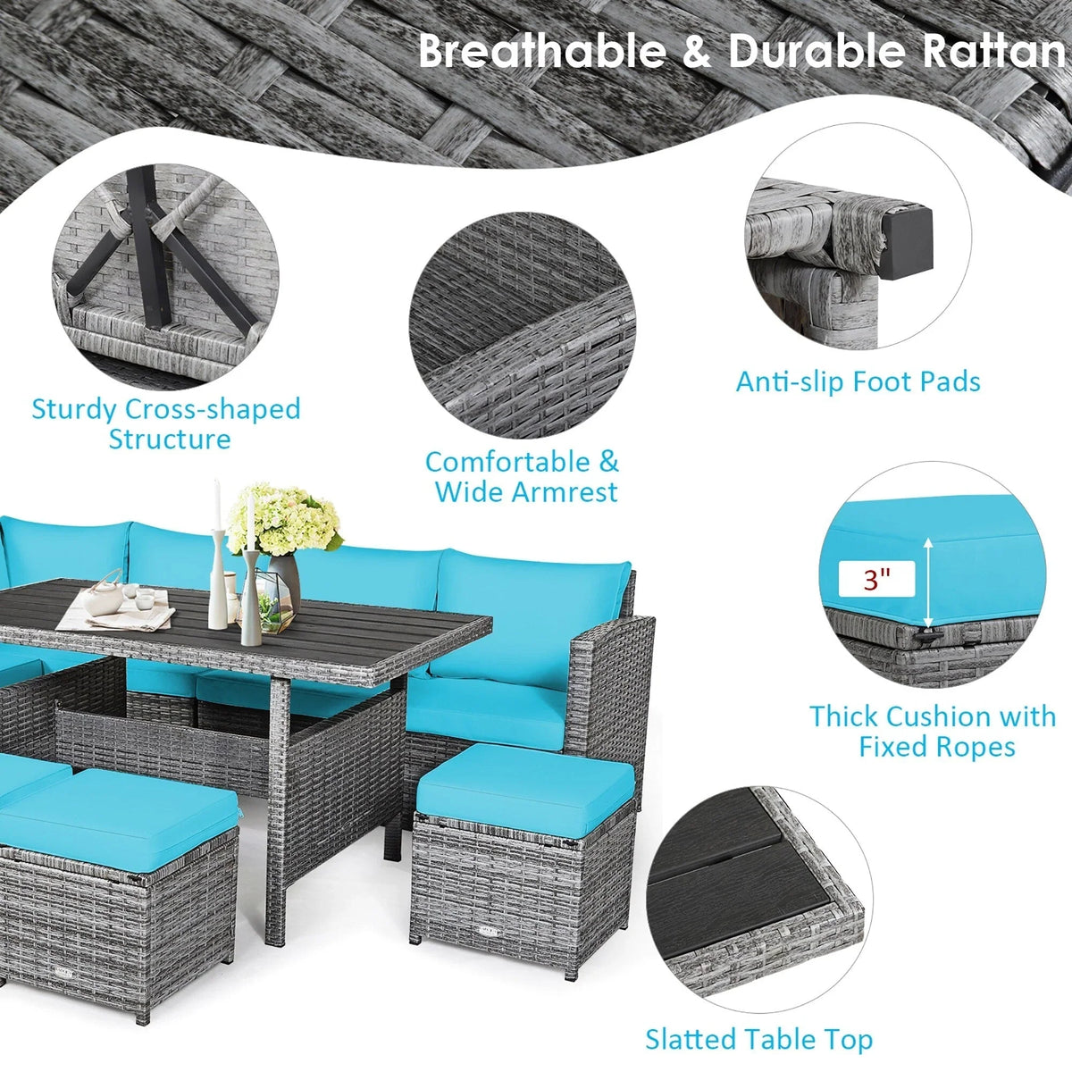 Ensemble de salle à manger Costway 7 pièces en rotin pour terrasse, canapé sectionnel et pouf - Voir détails