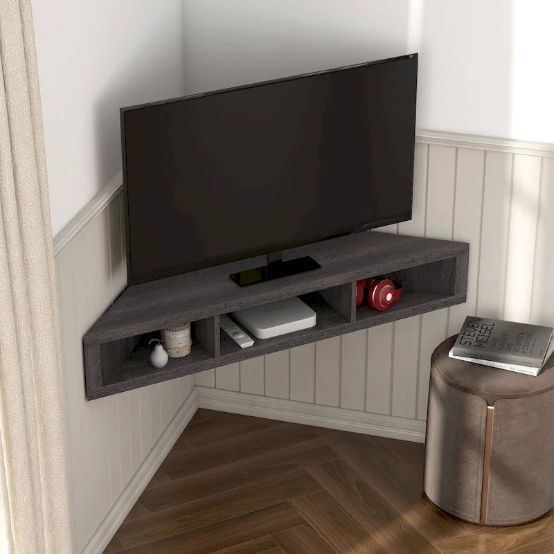 Meuble TV d'angle flottant 47", 3 étagères, style transitoire, fixation murale peu encombrante