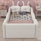 Lit plateforme double Whisen, cadre de lit rembourré pour enfants avec coussin lapin, barrières latérales amovibles