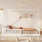 Lit de sol pour enfants, lits cabane doubles, lit de sol Montessori avec lattes et barrières de protection, cadre de lit cabane en bois pour garçons et filles