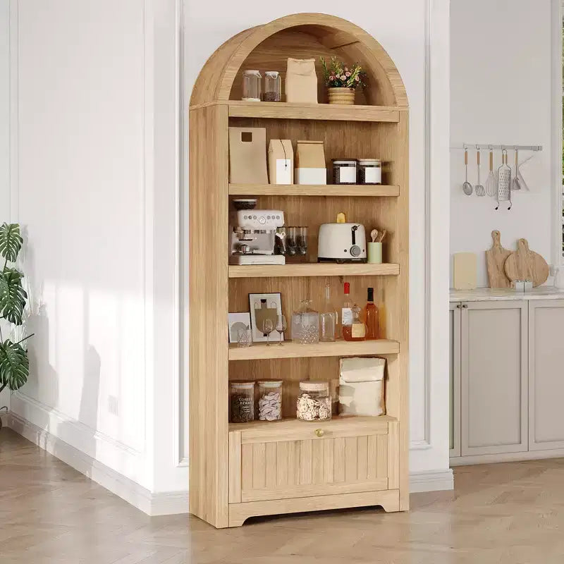 Bibliothèque arquée de 72 po avec tiroir de rangement, armoire de présentation moderne en bois à 6 niveaux avec étagères ouvertes et tiroir inférieur, porte d'armoire incurvée