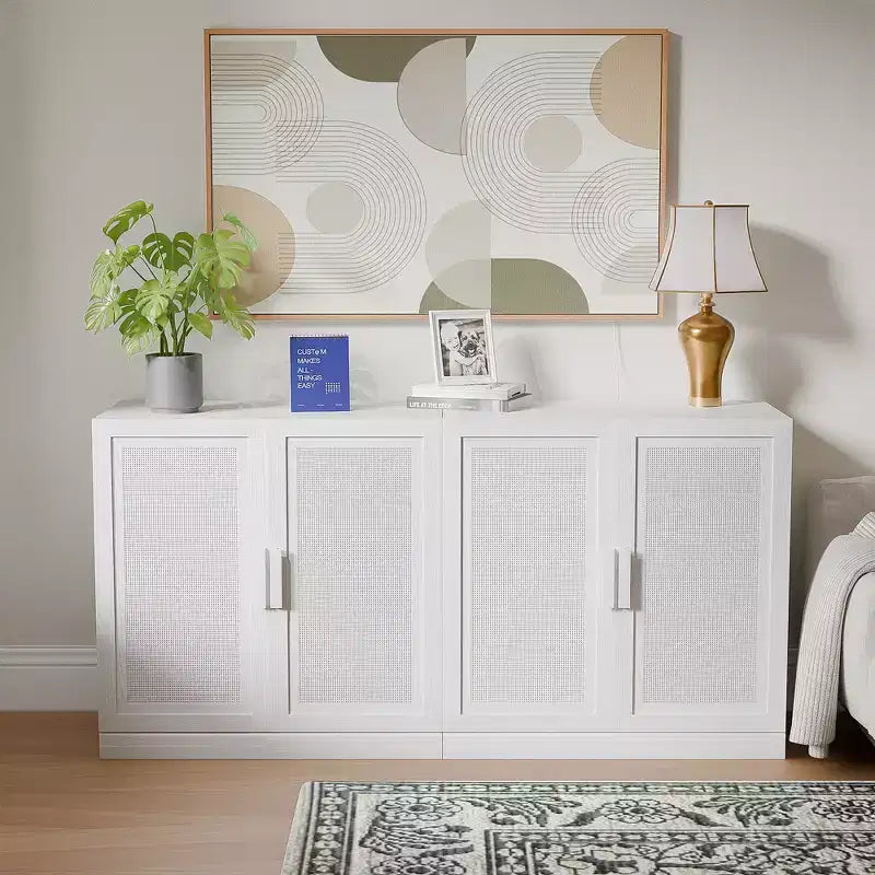 Buffet de rangement à portes en rotin 3 ensembles avec étagères réglables - 93L x 31H
