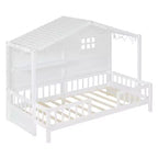 Lit cabane double avec étagères de rangement et barrières, cadre de lit Montessori en bois pour enfants avec fenêtre et bande lumineuse scintillante