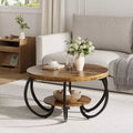 Table basse industrielle ronde de 30 pouces à 2 niveaux avec pieds réglables, étagère à grain de bois, motif flamme, assemblage facile, salon