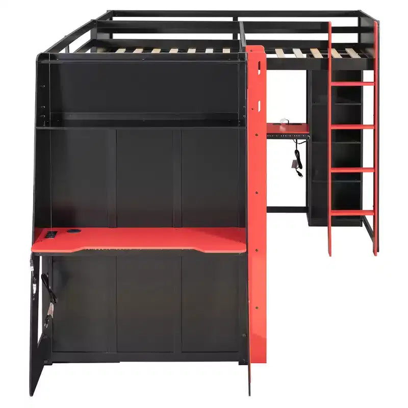 Lit mezzanine de jeu en L avec bureaux, lits superposés doubles avec lumières LED, ports USB, étagères de rangement, lit mezzanine d'angle en bois pour 2 personnes