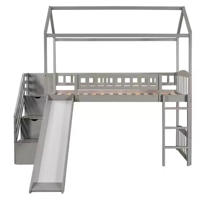 Lit mezzanine jumeau avec toboggan et escalier, lit mezzanine avec tiroirs de rangement, lit mezzanine cabane en bois pour enfants et tout-petits
