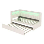Lit de repos double/complet avec tiroir gigogne et tête de lit bibliothèque en L, lit d'angle doux rembourré en lin avec étagères de rangement et bande LED