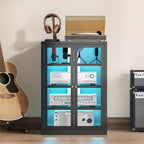 Meuble de rangement pour médias Bekrvio Metal, meuble stéréo à 4 niveaux avec portes en verre et étagères réglables, support audio AV avec gestion des câbles