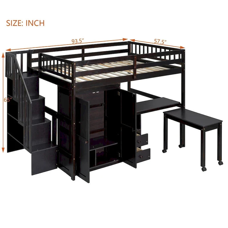 Lit mezzanine double avec escalier, bibliothèque, bureau et armoire – Meuble multifonctionnel et peu encombrant pour enfants et adolescents – Blanc