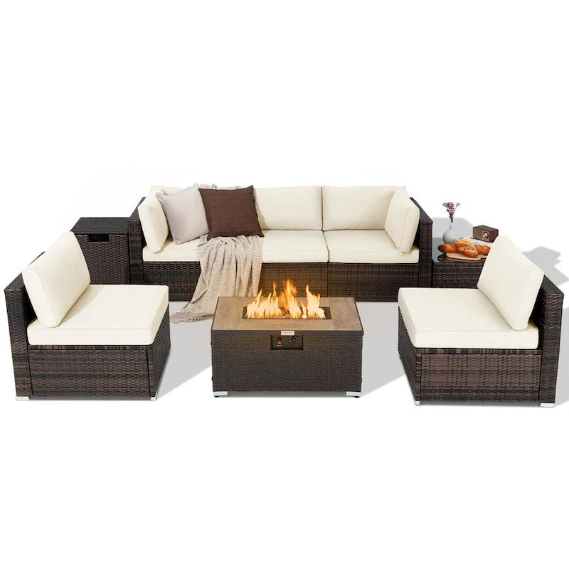 Ensemble de meubles de patio en rotin 8 pièces, table de foyer, support de bouteille de gaz, housse de terrasse