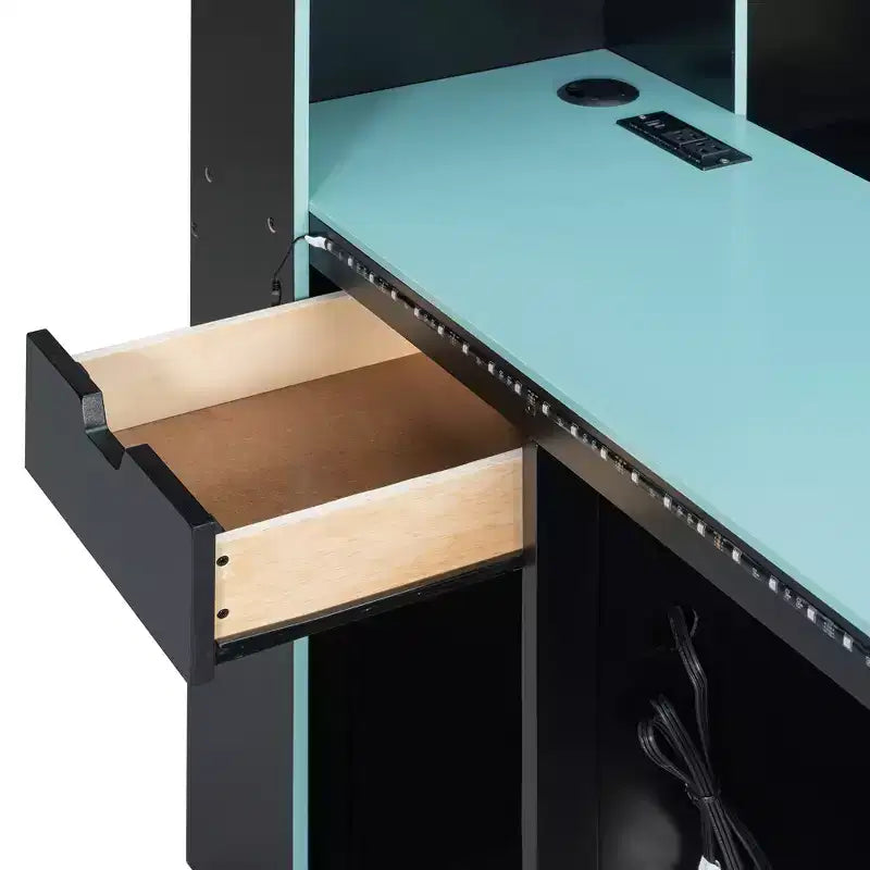 Lit de repos de jeu double/grand avec tête de lit bibliothèque, lumières LED, bureau intégré, tiroirs et station de charge