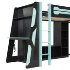 Lit mezzanine de jeu en L avec bureaux, lits superposés doubles avec lumières LED, ports USB, étagères de rangement, lit mezzanine d'angle en bois pour 2 personnes