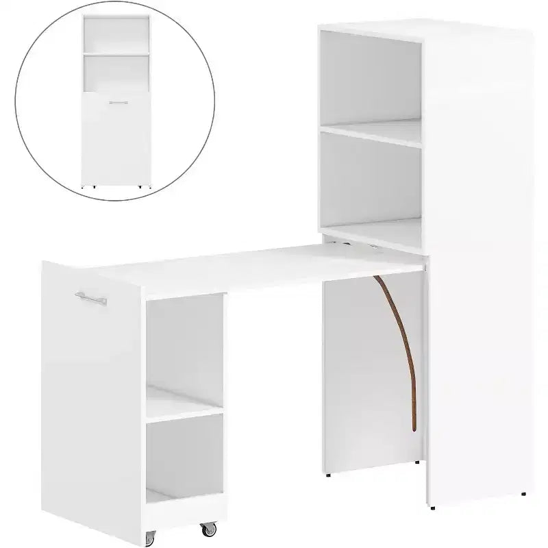 Bureau extensible MooxvMoo avec étagères de rangement et roulettes mobiles, table d'ordinateur pliable pour petits appartements et bureaux à domicile, blanc