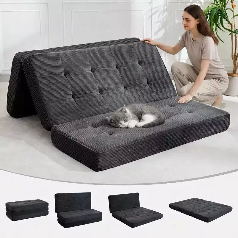 SunnyFurn Matelas pliant triple 6 pouces pour canapé-lit, 75X54.3 Lit d'appoint pliable en mousse avec velours côtelé capitonné, portable pour le camping, le salon, la chambre à coucher
