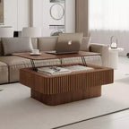JVNOXK Table basse à plateau relevable cannelé de 98 cm avec rangement, placage bois massif, hauteur réglable, table d'appoint moderne pour salon, chambre, noyer