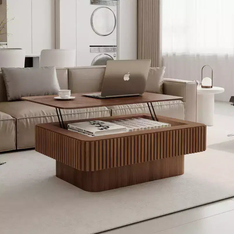 JVNOXK Table basse à plateau relevable cannelé de 98 cm avec rangement, placage bois massif, hauteur réglable, table d'appoint moderne pour salon, chambre, noyer