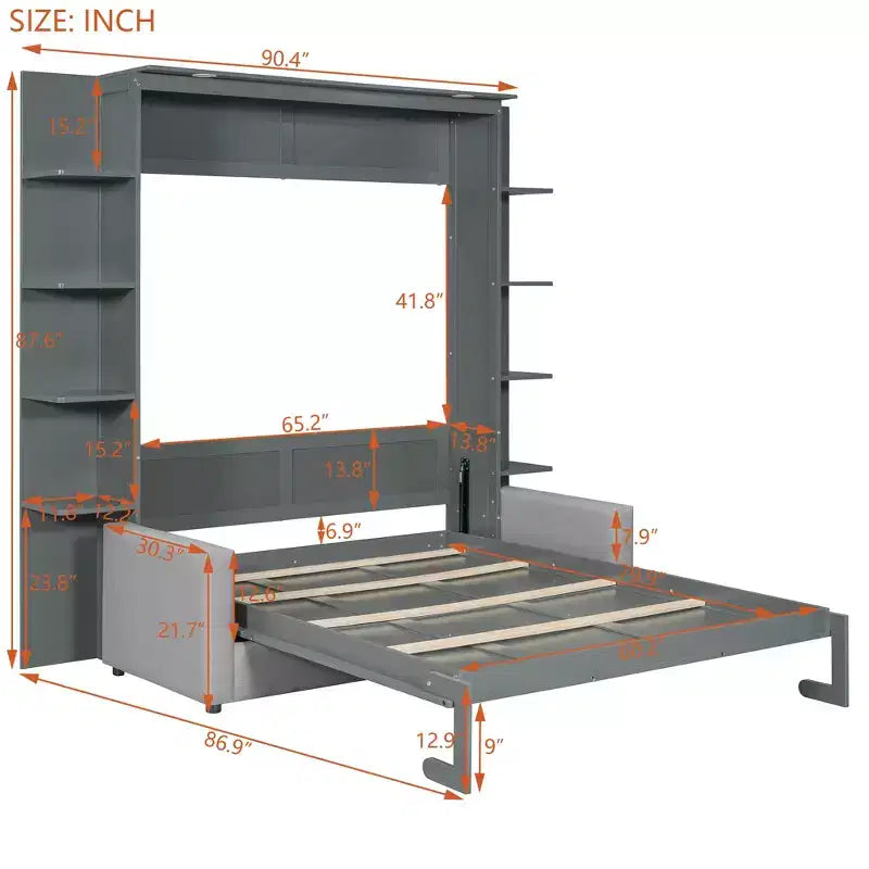 Lit escamotable mural Whisen Modern Design Queen size en bois avec canapé et étagères