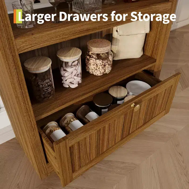 Bibliothèque arquée de 72 po avec tiroir de rangement, armoire de présentation moderne en bois à 6 niveaux avec étagères ouvertes et tiroir inférieur, porte d'armoire incurvée