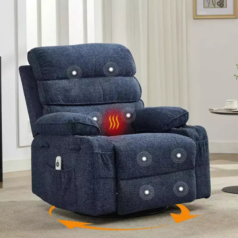 Fauteuil inclinable massant avec fonction de chauffage, fauteuil inclinable et pivotant à 360° pour adultes, fauteuil de nurserie en lin avec poche latérale, deux porte-gobelets