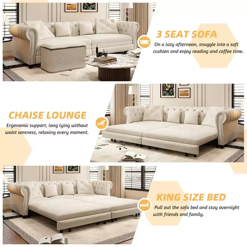 Canapé-lit gigogne 3-en-1 King Size Whisen Velvet et canapé convertible avec pouf mobile, design capitonné