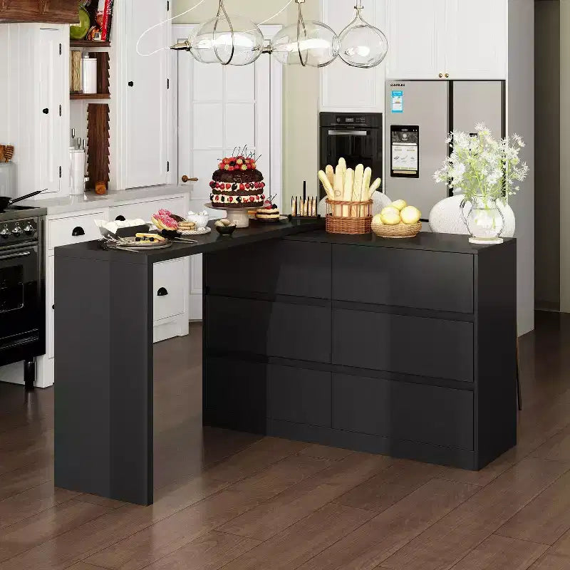 Desserte de buffet intelligente rotative/extensible avec 6 tiroirs, plan de travail étendu, tapis antidérapant, table à manger rotative, îlot de cuisine/garde-manger