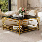 Table basse carrée Merax avec plateau en verre noir ou transparent et étagère de présentation à deux niveaux