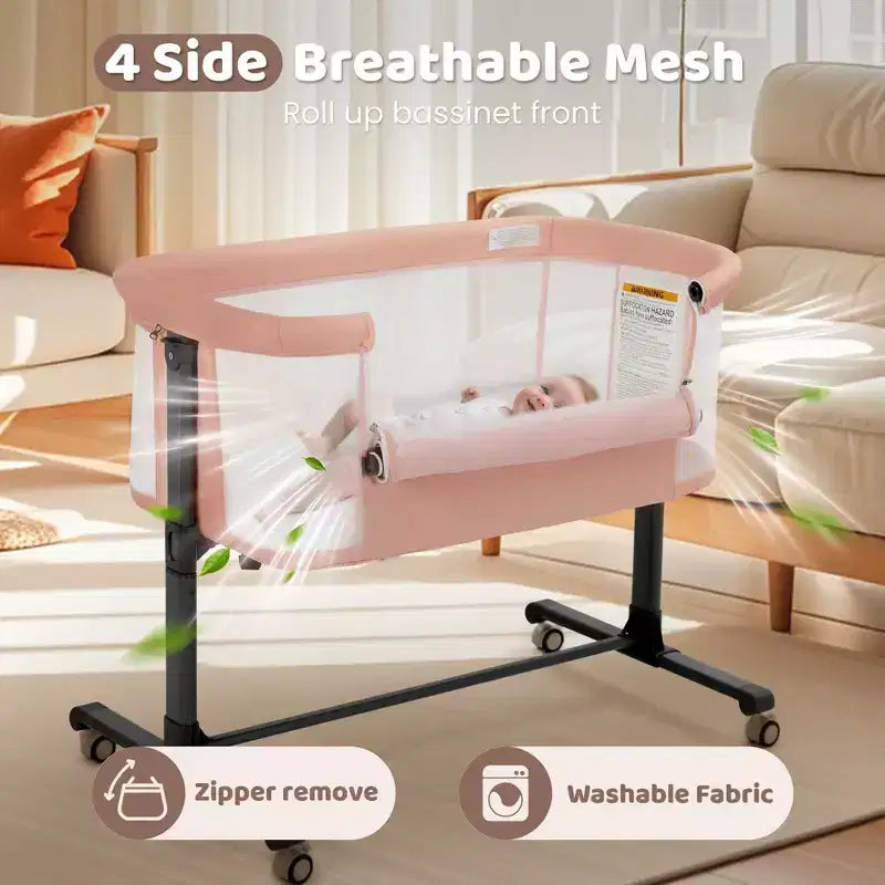 Berceau à roulettes – Beige / Gris / Rose, cododo, pour 1 bébé
