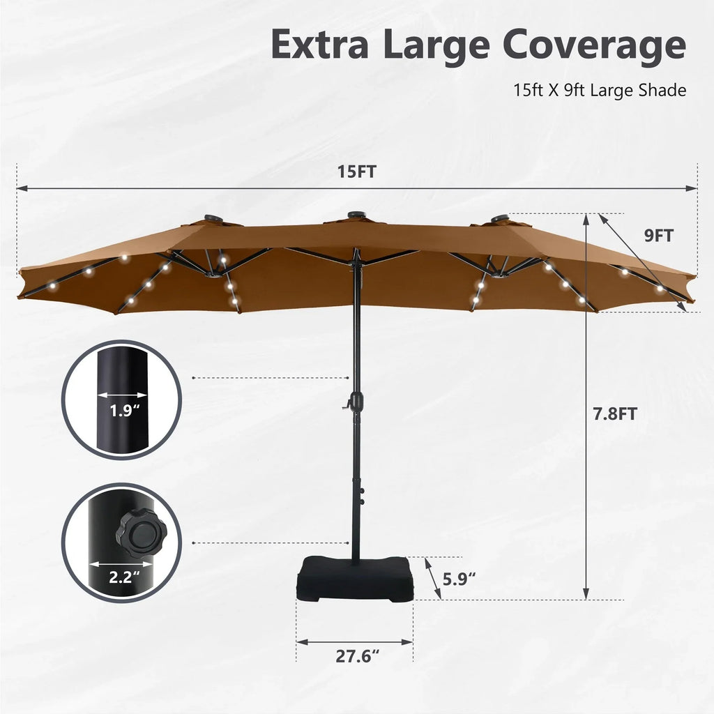 MAISON ARTS Parasol excentré rectangulaire de 4,5 m avec manivelle, parasol de marché double face d'extérieur avec lumières LED solaires et base incluse