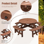 Ensemble de salle à manger rond en bois de sapin pour patio extérieur 8 personnes avec 4 bancs intégrés et trou pour parasol