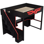 Lit mezzanine pleine grandeur pour gamer avec bureau et lumière LED, lit surélevé pleine grandeur en bois avec escalier de rangement et USB, rouge + noir