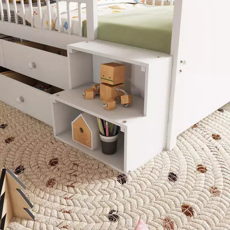 Lit mezzanine bas Whisen avec lumières LED, tête de lit en forme de maison et tiroirs de rangement, construction robuste