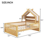 Lit cabane en bois ModernLuxe (taille lit simple/double) avec tête de lit de rangement, cadre de lit pour enfants en pin massif avec barrières de sécurité