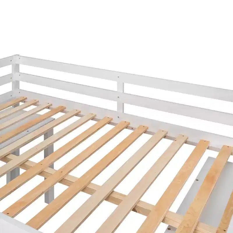 Lit bas mezzanine pleine grandeur avec bureau roulant, 3 tiroirs et étagères