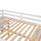 Lit bas mezzanine pleine grandeur avec bureau roulant, 3 tiroirs et étagères