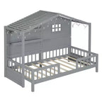 Lit cabane double avec étagères de rangement et barrières, cadre de lit Montessori en bois pour enfants avec fenêtre et bande lumineuse scintillante