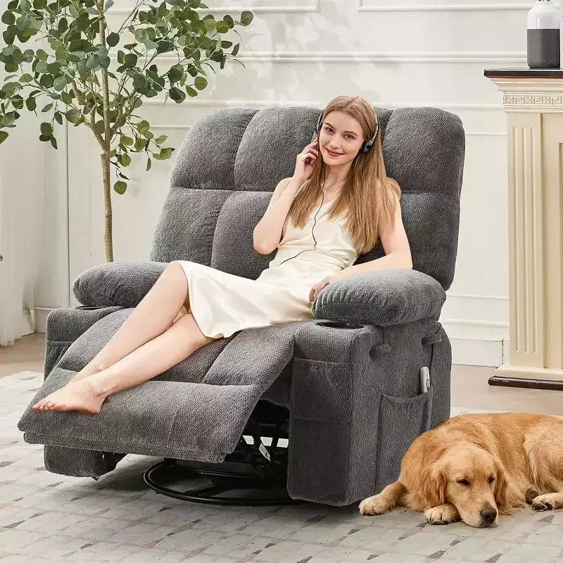 Fauteuil inclinable surdimensionné pour adultes, canapé berçant pivotant manuel, poches latérales et porte-gobelets pour personnes fortes et de grande taille, salon