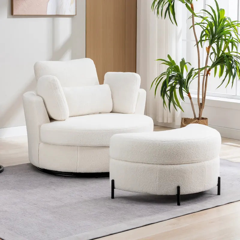 Fauteuil d'appoint pivotant rembourré 42,3 W avec 4 oreillers et pouf de rangement demi-lune