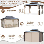 Tonnelle EROMMY à toit rigide, pergola extérieure avec double toit, moustiquaire et rideaux, auvent robuste pour patio, jardin, fête au bord de la piscine