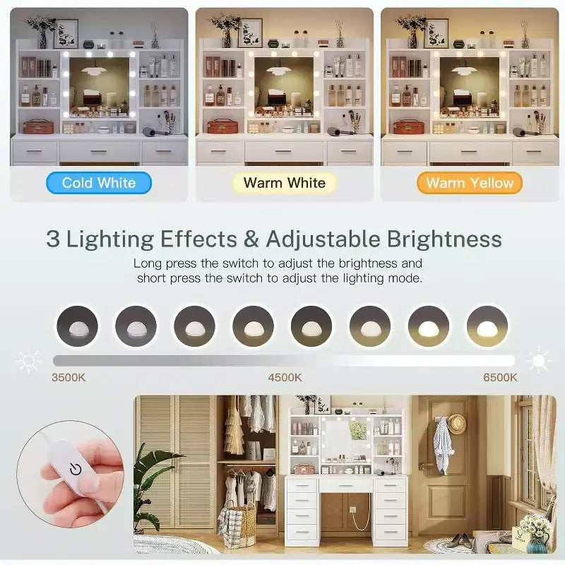 BALHAM TRADE-Coiffeuse avec miroir et lumières 9 tiroirs 6 étagères 3 modes d'éclairage Luminosité réglable