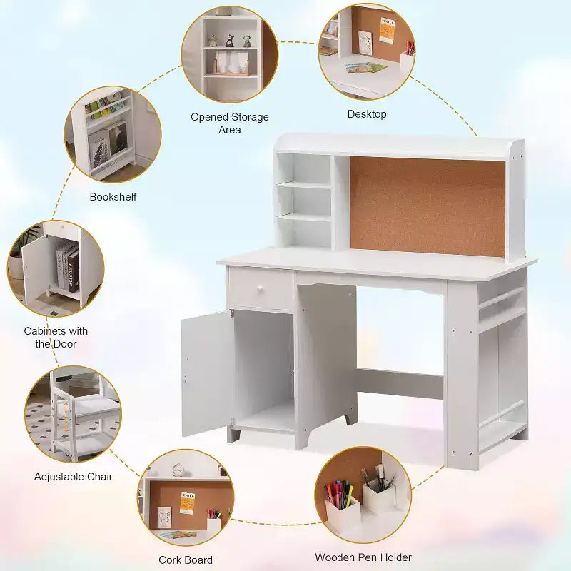 Bureau pour enfants, ensemble bureau et chaise pour garçons et filles, table d'écriture en bois pour enfants avec étagère, tableau d'affichage, armoire et tiroir pour les 3-8 ans