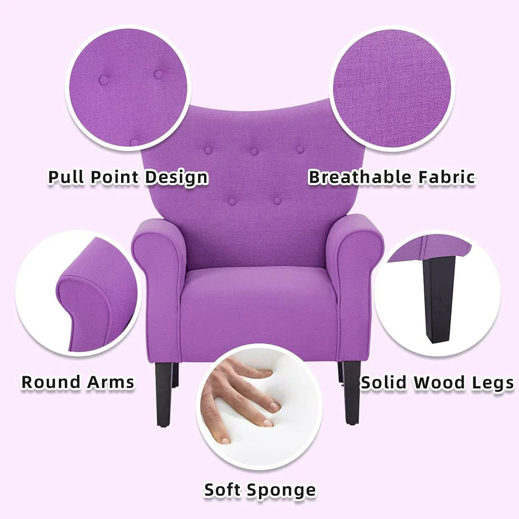 Fauteuil d'appoint moderne Erommy, fauteuil à dossier haut, canapé simple en tissu rembourré avec boutons et pieds en bois pour salon